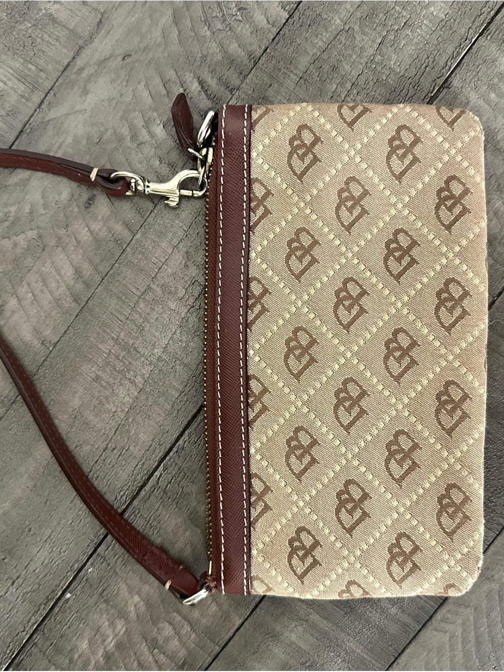 Dooney & Burke Monogram Canvas Wristlet in Beige and Brown